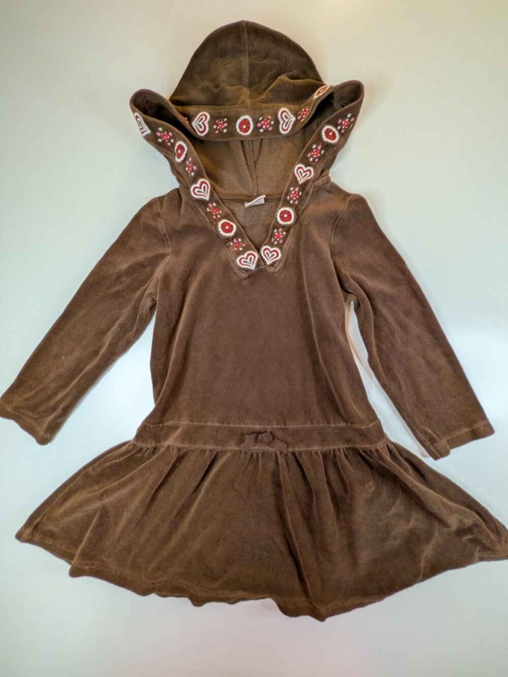 Gymboree Girls Size 5 Brown Velour Hooded Dress Embroidered Hearts